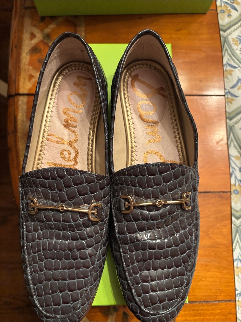 Sam Edelman Dark Brown Croc-Embossed Loafers with Gold Bit